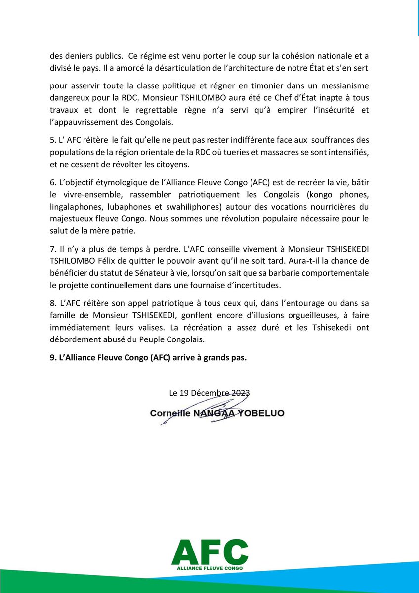 1. Le régime TSHILOMBO est à sa fin. Ses jours au pouvoir sont apocalyptiquement terminés. 2. ⁠L’Alliance Fleuve Congo (AFC) annonce au Peuple Congolais qu’elle enregistre quotidiennement un soutien exceptionnellement massif du Peuple Congolais dans toute sa diversité et dans