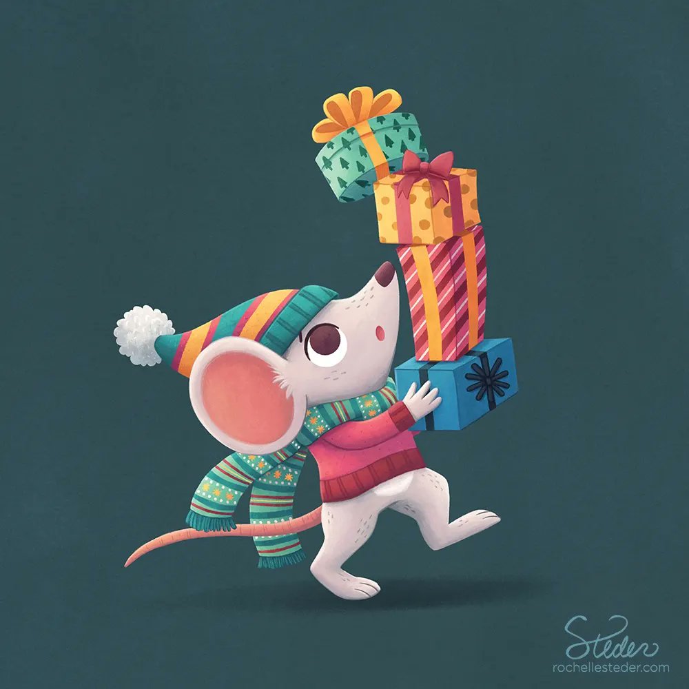 A mouse busily gathering the last of his Christmas gifts. 

#kidlitillustrators
#kidlitart #childrensbookillustration #holidayart #holidayseason #christmasshopping #holidayshopping #MerryChristmas