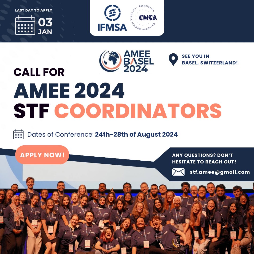 It is with great pleasure that we share with all of you the call for AMEE Student Task Force Coordinators and Representatives Support 2023/2024.

Read more details about how to apply through the link in our Instagram Bio.