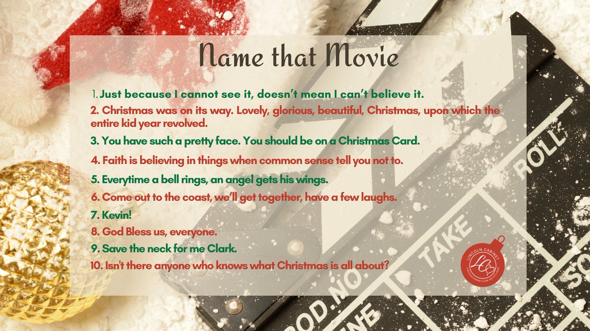 Are you able to name all 10?
Answer in the comments and share to see how many people can get these right.

#LincolnCabinet #ChristmasQuiz #ChristmasMovie #MerryChristmas