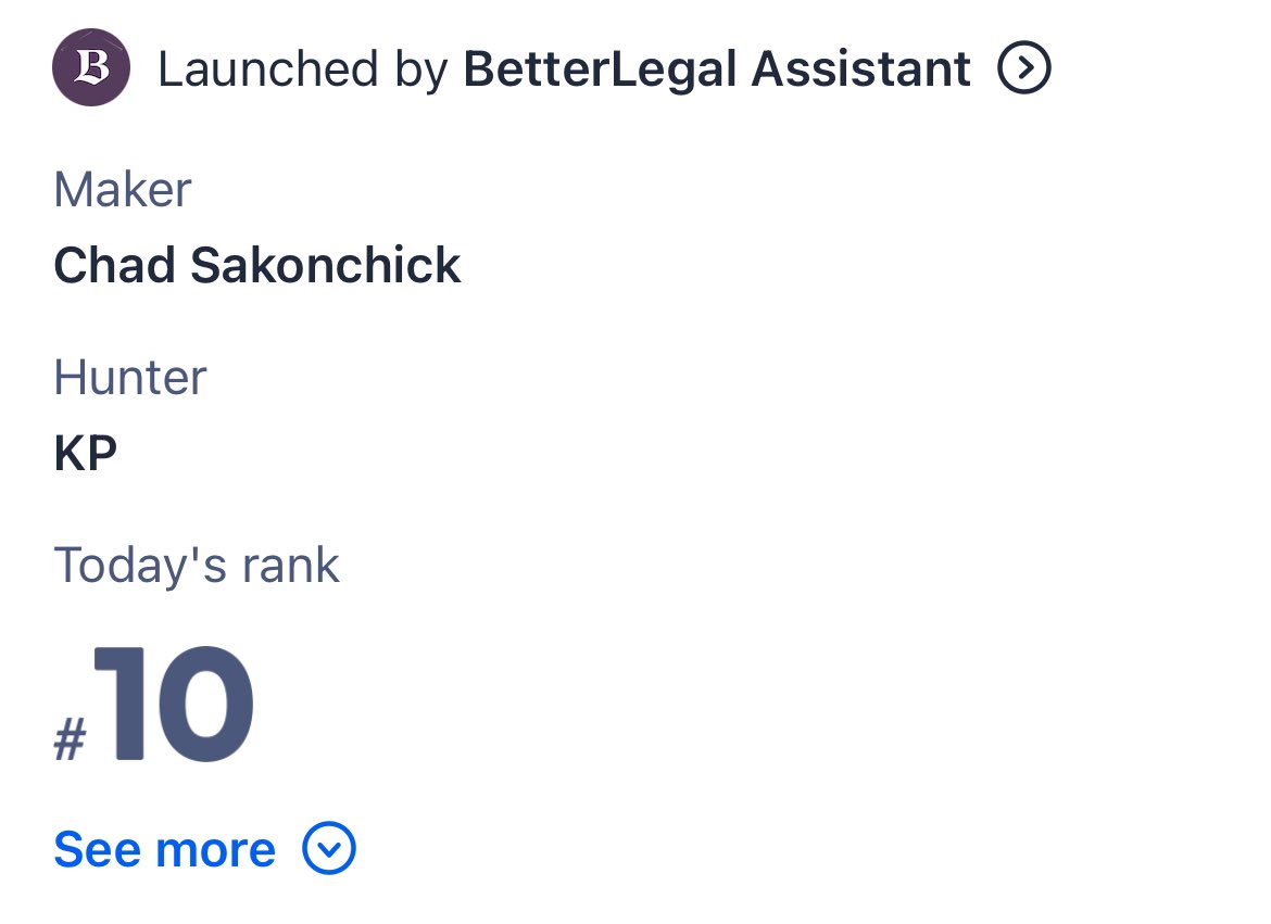 @csakon AI-powered Contract Analysis by @BetterLegal is up to the #10 spot on @ProductHunt. Keep voting people!!!