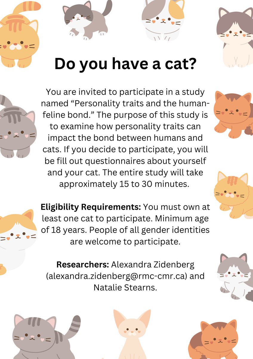 We are looking for individuals to participate in #research looking at how personality might impact the bond with cats. If you have a cat, please consider participating! surveymonkey.com/r/286SDTV #survey #psychology #cats #cat #pets