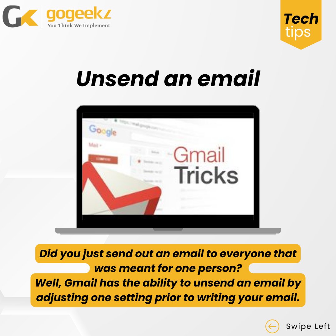 GoGeekz's tweet image. Did you just send out an email to everyone that was meant for one person? Well, Gmail has the ability to unsend an email by adjusting one setting prior to writing your email
#TechTips #TuesdayTechTips #GmailHacks
#EmailMarketing #SocialMediaTips #Ontario #toronto #canada