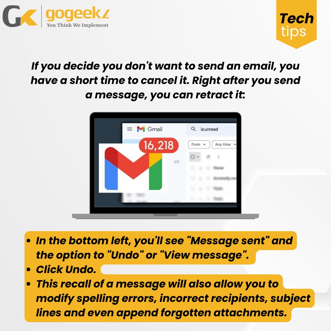 GoGeekz's tweet image. Did you just send out an email to everyone that was meant for one person? Well, Gmail has the ability to unsend an email by adjusting one setting prior to writing your email
#TechTips #TuesdayTechTips #GmailHacks
#EmailMarketing #SocialMediaTips #Ontario #toronto #canada