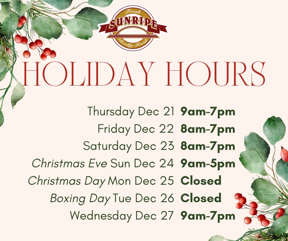 Get ready for the holidays with our extended hours this Friday and Saturday. Don't forget, we'll be closed on Christmas Day and Boxing Day. 🎄✨ #HolidayHours #HappyHolidays