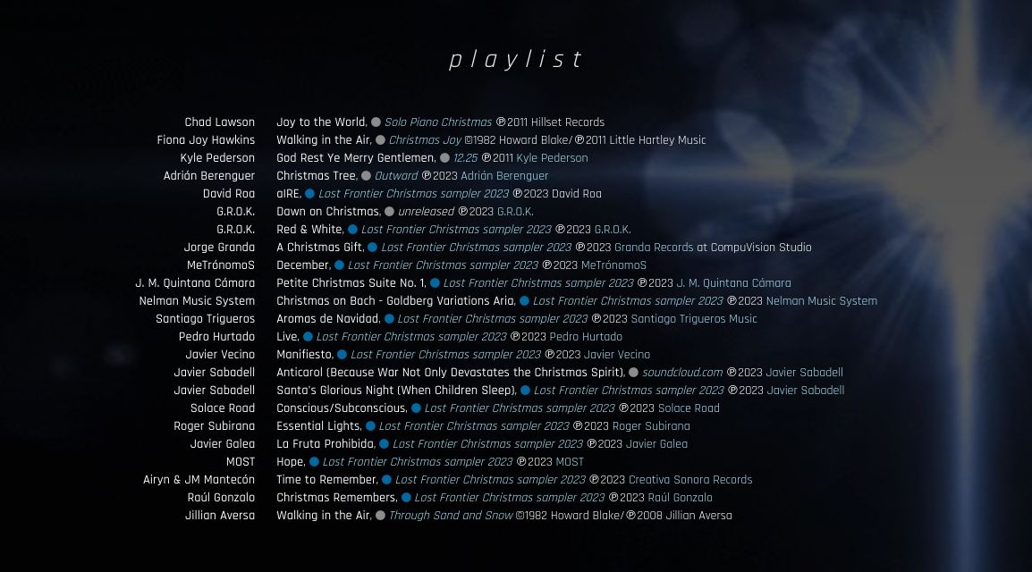 Hoy es un gran día: ¡ya es Navidad en lostfrontier! 🤶🏻
📻 Episodio #1.015 | “Navidad 2023“ » lostfrontier.org/episodios/2023…

<a href="/chadlawson/">chad lawson</a> <a href="/fionajoymusic/">Fiona Joy Hawkins</a> <a href="/JillianAversa/">Jillian Aversa 🎙️🎶</a> <a href="/Solace_Road/">official_SR</a> <a href="/RogerSubirana/">Roger Subirana</a> <a href="/_RaulGonzalo/">Raul Gonzalo Prieto</a>