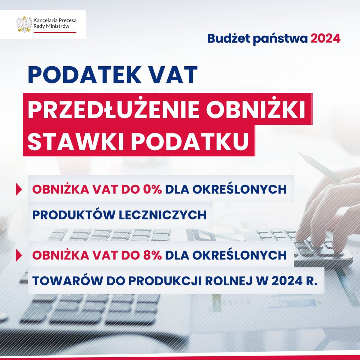 📉 W nowym #BudżetPaństwa2024 obniżony VAT zostanie utrzymany ⤵️ ➡️ 0% dla określonych prod. leczniczych, ➡️ 8% dla określonych towarów do prod. rolnej. Więcej ➡️ gov.pl/web/premier/ra…