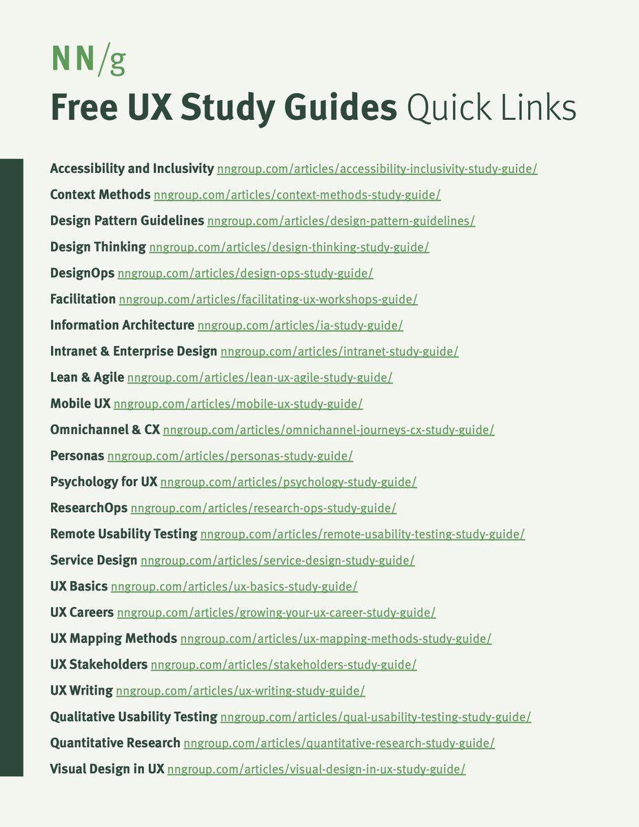We have free study guides on almost every #UXtopic, including #uxresearch, #uxstrategy, and #uxdesign. Each guide is a curated collection of links to our free articles and videos. Check out the study guides here: nngroup.com/topic/study-gu…