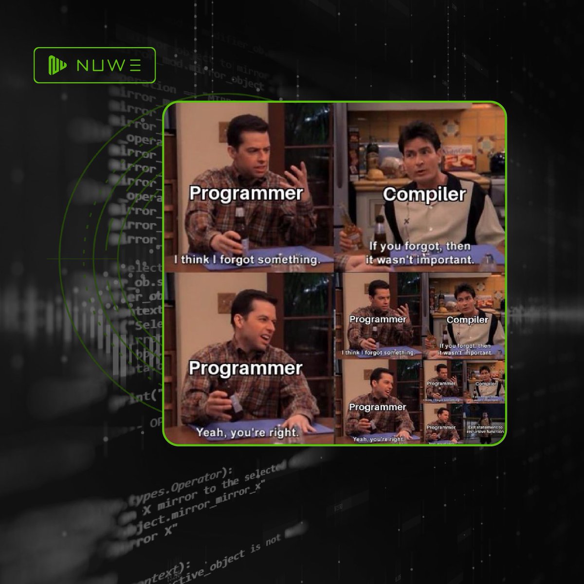 NuweIo's tweet image. ¡Carrusel Tech de la Risas Code! 😂
Hemos buscado los mejores memes del año y sabemos que aún nos faltan muuchos ¿Te identificas? Comenta tu meme favorito
👉 ¡No olvides darle like para saber que necesitas más dosis de humor tech en tu vida! 🤖
#TechLaughs #CodeHumor