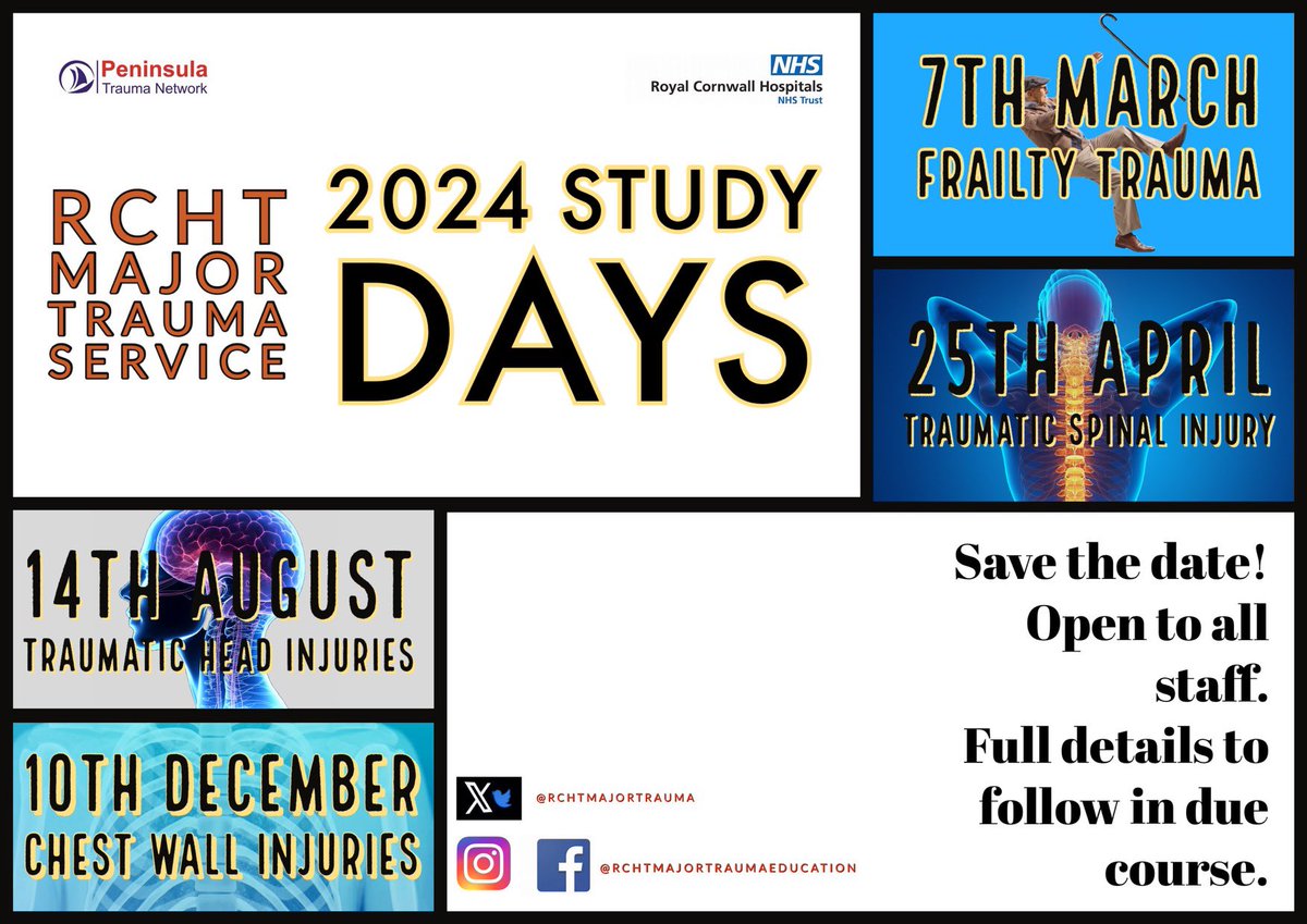 💫 Save the date! 💫

📆 Full list of 2024 study days hosted by @rchtmajortrauma for @RCHTWeCare staff. Full details and programmes will be sent nearer to individual study days.  

#tbi #traumaticbraininjury #spinalinjury #sci  #frailtytrauma #ribfractures #chestwallinjury…