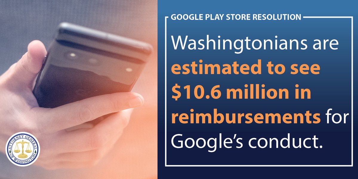 As a result of our multistate, bipartisan lawsuit over Google’s attempts to insulate its Play Store from competition, Washingtonians are eligible for a share of $700 million. Read more: atg.wa.gov/news/news-rele…