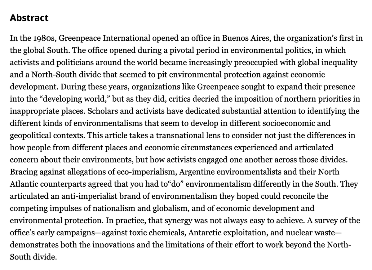 Since I've been yanked back into the Twittersphere for the moment, I'll take the opportunity to share a new article of mine that is now available ahead of print in @EnvHistJournal: 'Greenpeace Goes South: The Promise and Pitfalls of Global Environmentalism in Argentina'