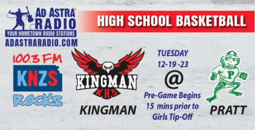 Kingman High School basketball on KNZS Rocks 100.3 FM tonight! The Eagles and Lady Eagles take on rival Pratt at PHS.