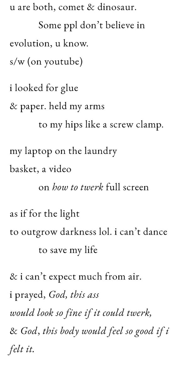 here is my poem ' Memoir of a Twerk, Read to a Dark Room', published in @lumierereview and nominated for BoTN. HUGE thanks to the Editors ! lumierereview.com/nadine-hitchin…