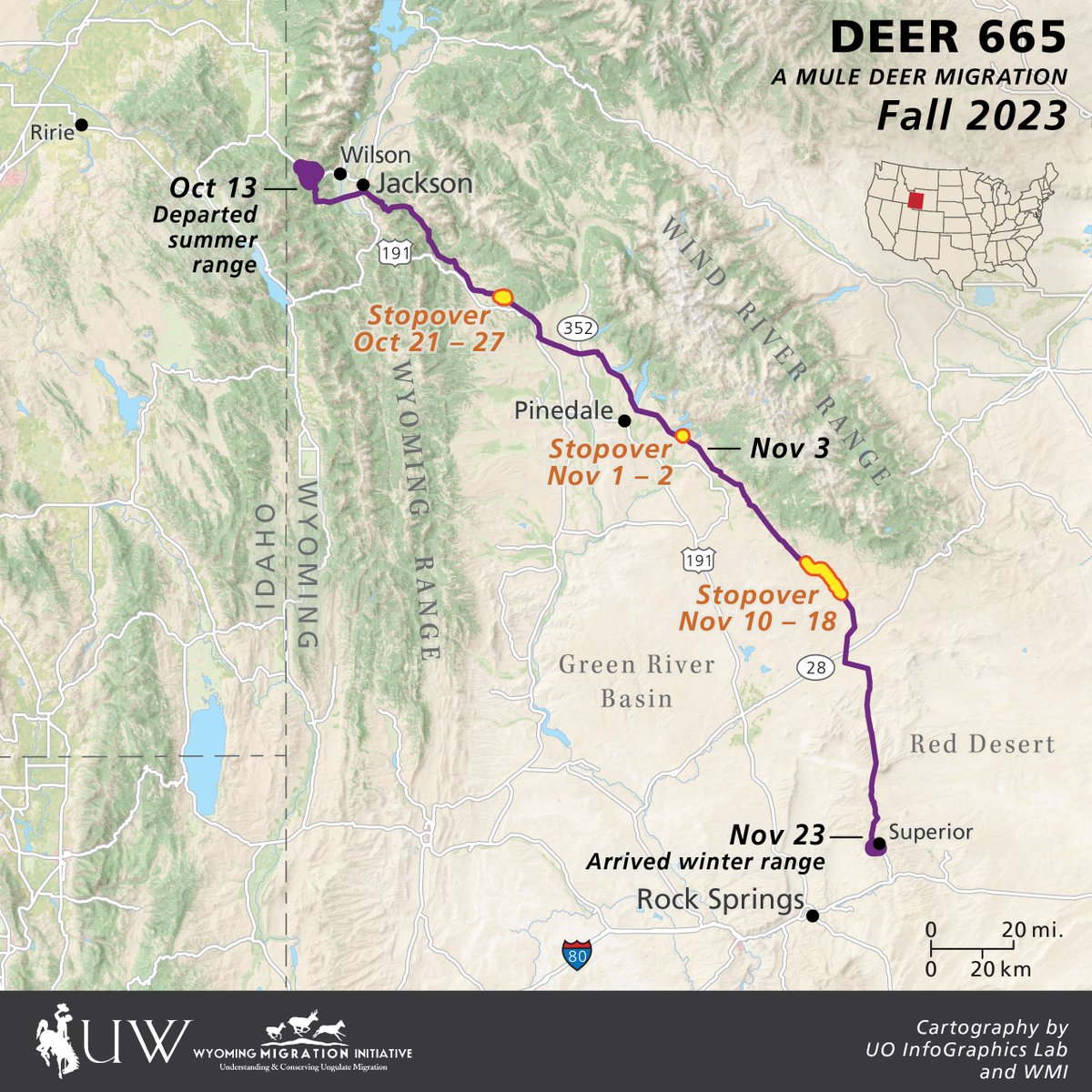 Migration update! #Deer665 has completed her journey from Teton Pass in #JacksonHole to the Red Desert, totaling 180 miles in 42 days, with 16 days of stopover. Here'e hoping all migratory wildlife get a less severe winter than last year. Happy holidays everyone! #Deer