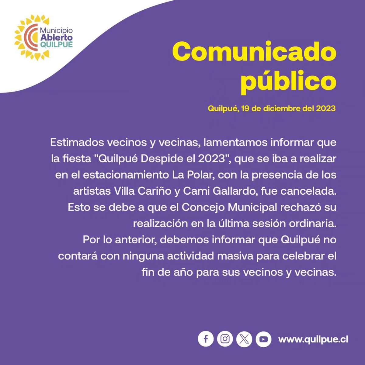 📋 Compartimos #ComunicadoPublico del Municipio Abierto de Quilpué donde explicamos las razones de la cancelación de la fiesta 'Quilpué Despide el 2023'.
#Quilpue