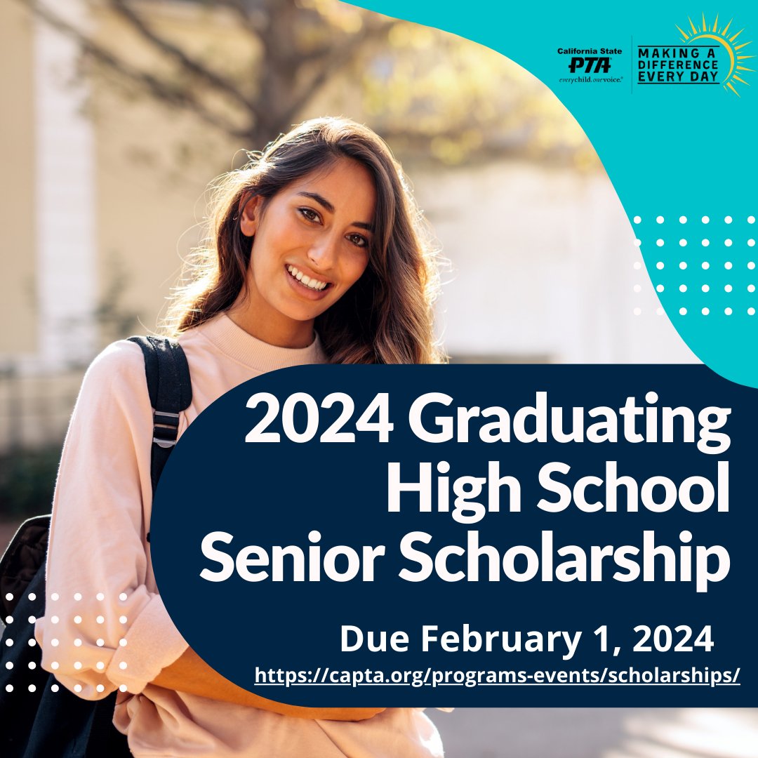 The Graduating High School Senior Scholarship application is now open! Applications are due to the CA State PTA office by February 1 at 11:59pm. For details and to apply, visit zurl.co/nnES