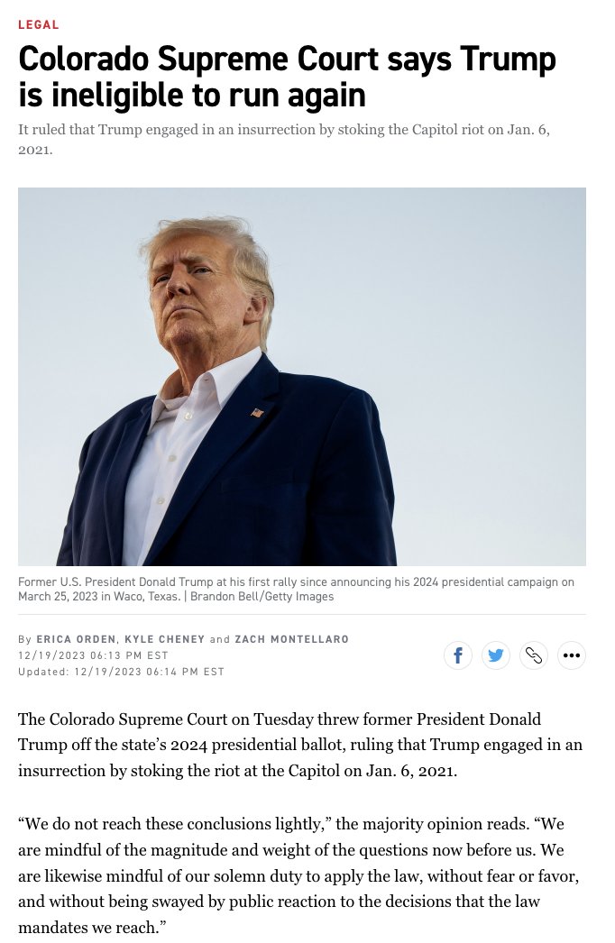 The 4-3 ruling of Colorado's high court concluded that Trump did engage in insurrection on Jan. 6, the culmination of a month's long campaign to derail the transer of power to Joe Biden. This will almost surely rocket to the US Supreme Court. w/ @eorden @ZachMontellaro…