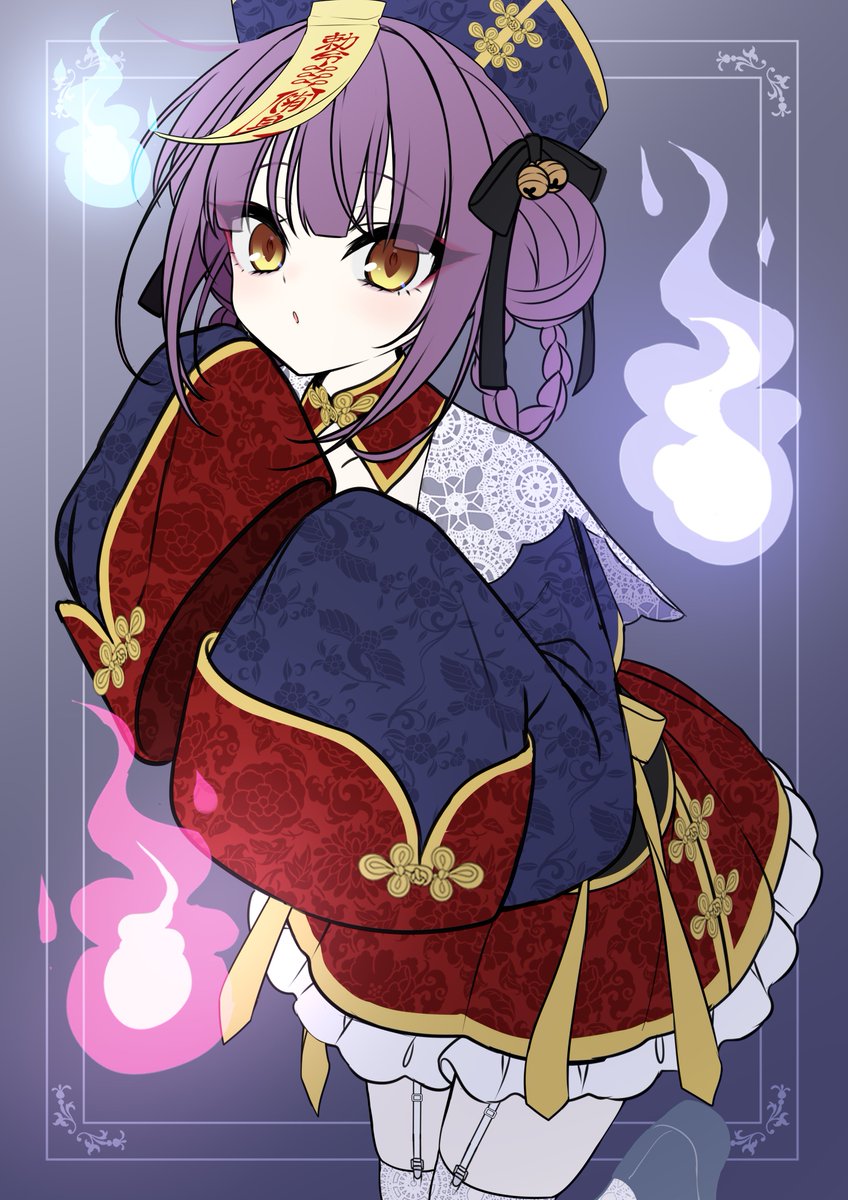 1girl solo bell hat sleeves past wrists purple hair white thighhighs  illustration images