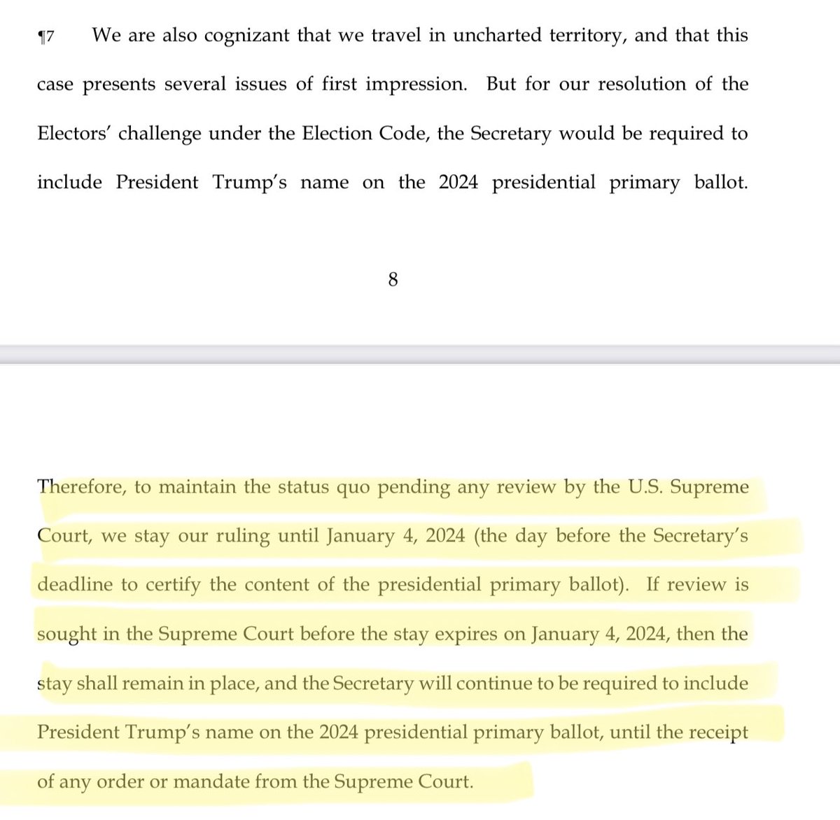 In summation: the Colorado Supreme Court declared Trump should not be included on the primary ballot, but stayed their own court order pending an appeal to the Supreme Court, which will inevitably happen, which will stay their ridiculous court order indefinitely. So Trump will…