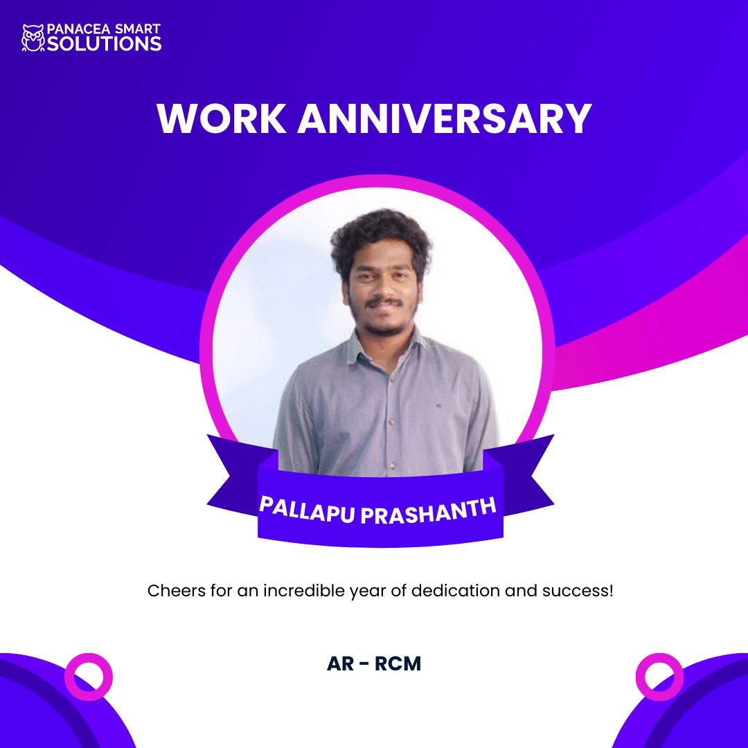 Here's to celebrating the successful journey of Pallapu Prashanth and looking forward to many more years of excellence in AR-RCM expertise! 📊

#workanniversary #billingexpertise #RCMexpertise #teampanacea #milestonecelebration #panaceasmartsolutions