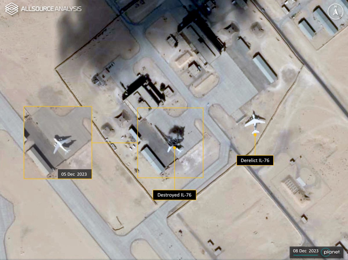 GEOINT analysis on 08 December 2023, of al-Jufra airbase, in central Libya, revealed one IL-76 heavy-lift transport aircraft was destroyed on the maintenance parking apron. bit.ly/2oeCGCj #GEOINT #Geospatial #Intelligence #Libya #alJufra