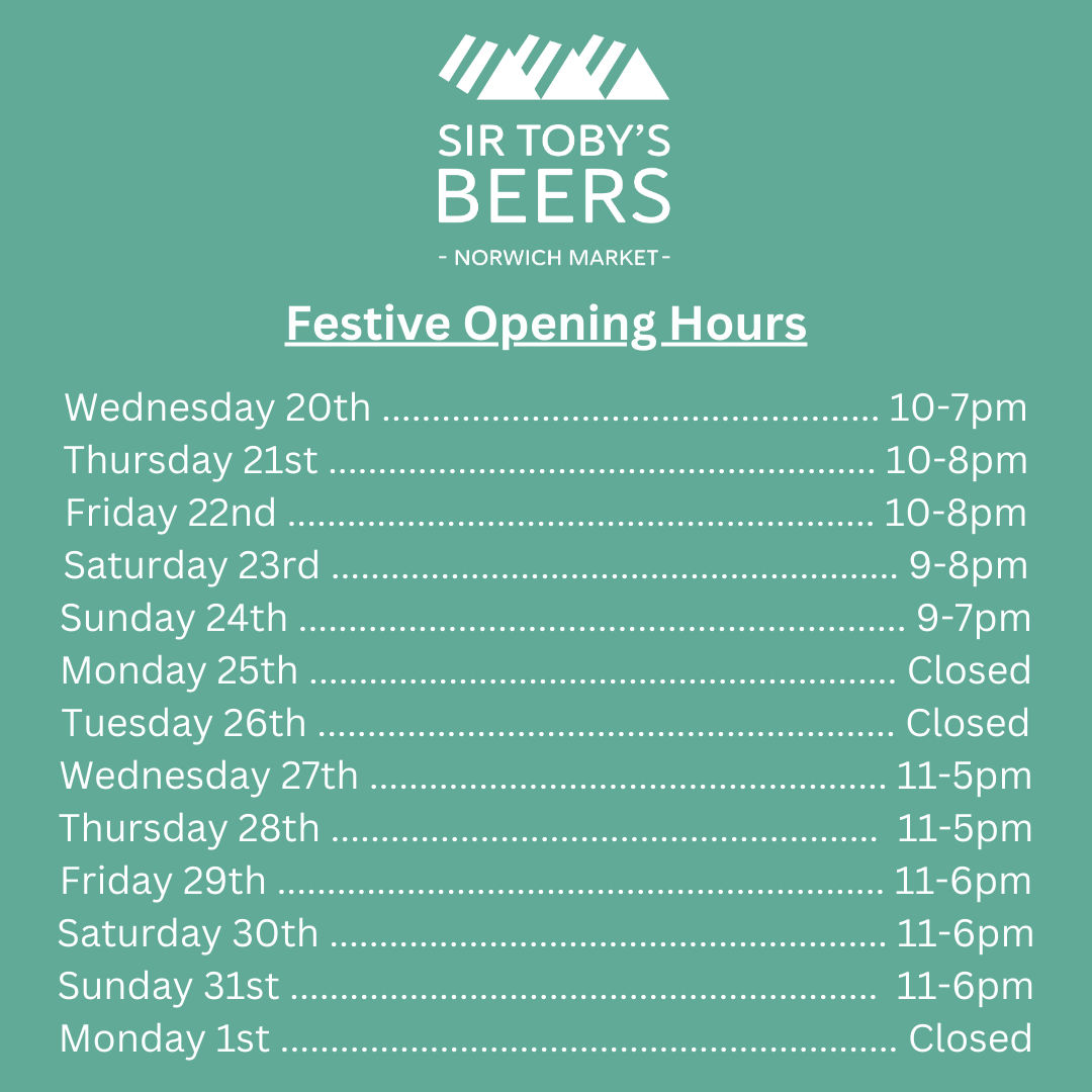 🍺  FESTIVE OPENING HOURS... 🍺

These are our opening times until the end of the year! 

Cheers 🍻

#sirtobysbeers #sirtobys #norwichmarket #craftbeeruk #craftbeernorwich