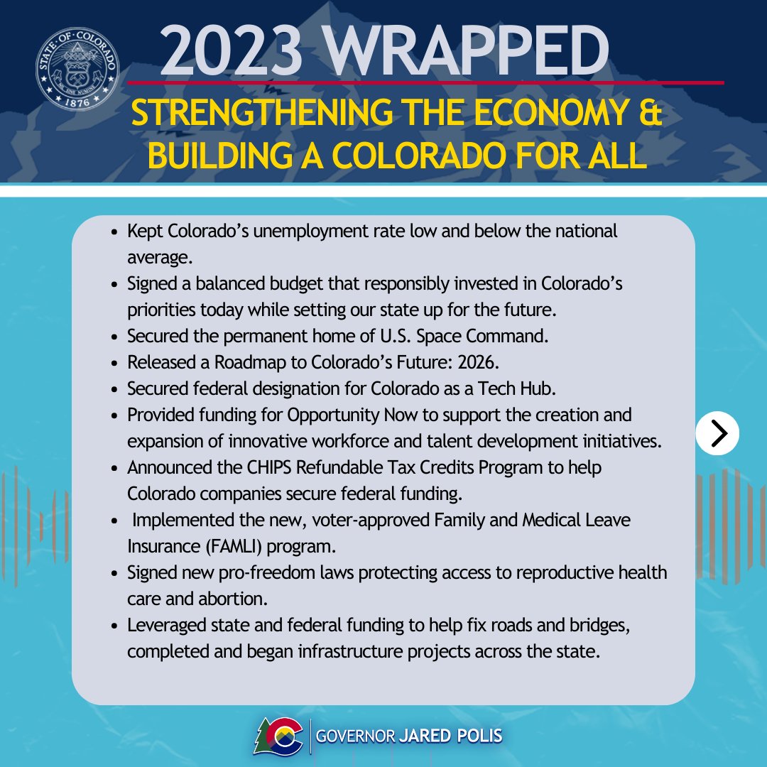 During this first year of my 2nd term, I’ve laid out bold goals challenging us to envision what we want CO to look like when the state turns 150. As we mark the end of 2023 and look toward 2024, we continue to deliver real results for hardworking Coloradans much more work ahead!