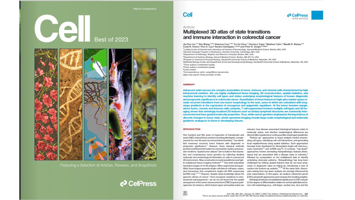 Wonderful to be selected for the Best of Cell 2023 - 'Multiplexed 3D atlas of state transitions and immune interactions in colorectal cancer' - NCI Human Tumor Atlas Network #HTAN. @CellCellPress. Congratulations!!! to @JiaRenLin, Shu Wang, Shannon Coy, Yu-An Chen, Clarence