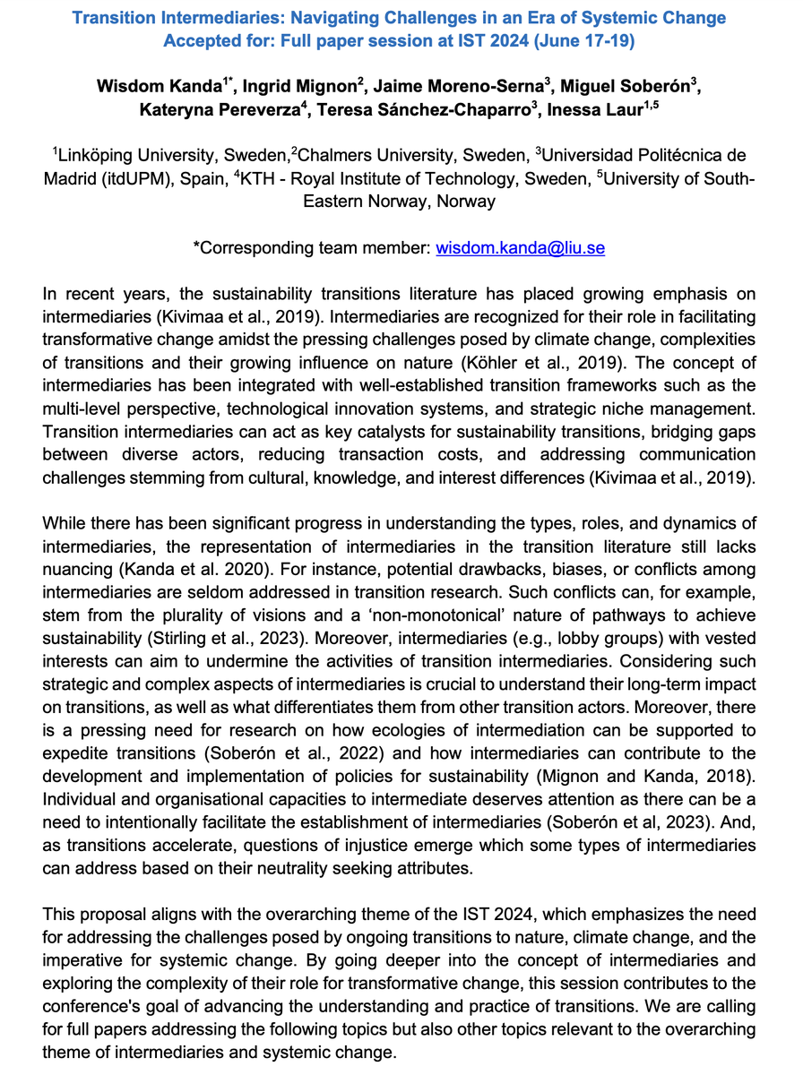 🚨Are you planning to attend #IST2024 in Oslo?🚨 Are you interested in intermediaries in sustainability transitions❓ Look no further. Our proposal has been  accepted for a full paper session! We look forward to many engaging  contributions.