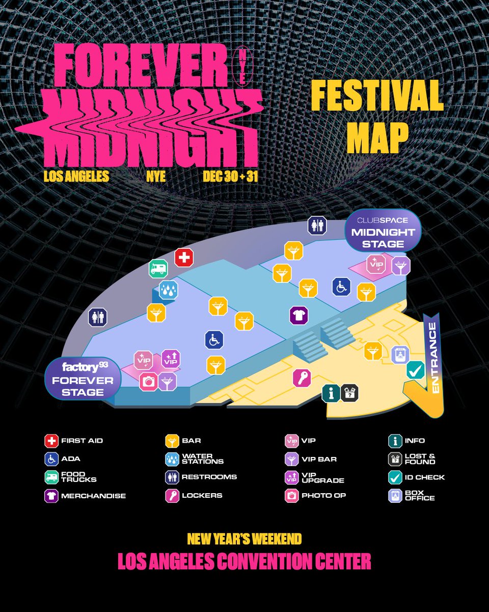 ForeverMidnght's tweet photo. Los Angeles, the wait is over! Your #ForeverMidnight23 map is LIVE! 📍 Get ready for a mind-blowing NYE Weekend on the dance floor across 2 stages at the cozy @ConventionLA, indoors and heated for your ultimate comfort. https://t.co/NaUkCxBtEw