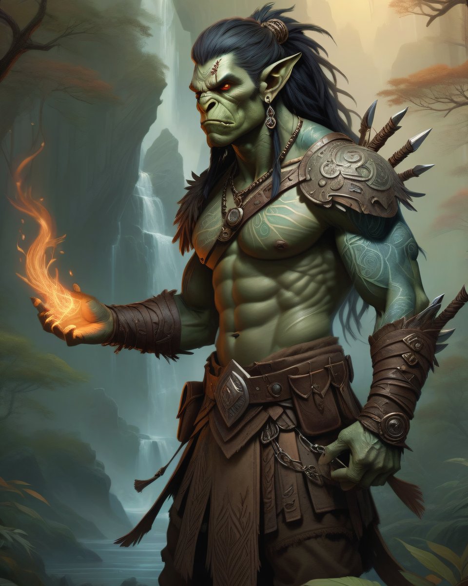 Brolag, the Unseen, guarding an ancient truth that could shift Xatr's mystical realms forever. #orc #rpgcharacter #greenart #mysteriouscreatures #WaterfallWonders #highfantasy #gameart 
#AIart #aiartcommunity #AIArtwork #Digitalart