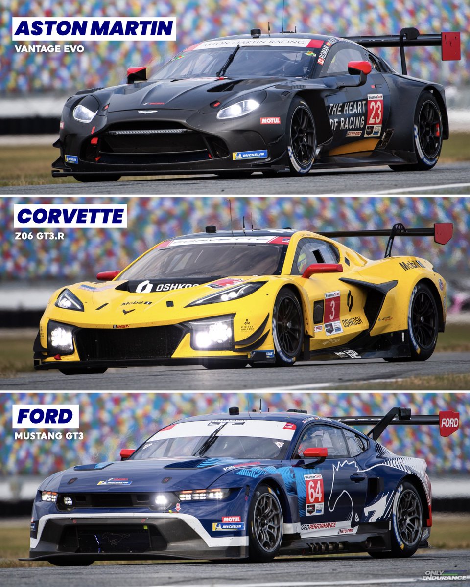 Chooseday: Which 2024 GT3 car is the best? 💬 ⚫️ Aston Martin ‘Vantage EVO’ 🟡 Corvette Z06 GT3.R 🔵 Ford Mustang GT3 Captured during the IMSA Daytona test by @motordeportes , three new GT3 cars are set to take on racing around the world in 2024. ⬇️