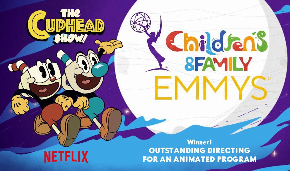 We're over the moon to share the news that The @CupheadShow has taken home the award for Outstanding Directing For An Animated Program at this year's Children & Family Emmys! To winners @adampaloian, Clay Morrow, and all our wonderful pals at @Netflix: take a bow!!