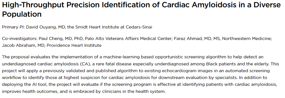 David Ouyang, MD (@david_ouyang) on Twitter photo We are thrilled to be funded by the <a href="/MooreFound/">Moore Foundation</a> and <a href="/KPDOR/">Kaiser Permanente Research NorCal</a>'s AIM-HI initiative to study the deployment of AI to screen for cardiac amyloidosis working with an excellent team of physician scientists across four diverse sites.
<a href="/Paul_P_Cheng/">Paul Cheng</a> <a href="/tygluckman/">Ty Gluckman</a> <a href="/FarazAhmadMD/">Faraz</a>
<a href="/SmidtHeart/">Smidt Heart Institute at Cedars-Sinai</a> We are thrilled to be funded by the <a href="/MooreFound/">Moore Foundation</a> and <a href="/KPDOR/">Kaiser Permanente Research NorCal</a>'s AIM-HI initiative to study the deployment of AI to screen for cardiac amyloidosis working with an excellent team of physician scientists across four diverse sites.
<a href="/Paul_P_Cheng/">Paul Cheng</a> <a href="/tygluckman/">Ty Gluckman</a> <a href="/FarazAhmadMD/">Faraz</a>
<a href="/SmidtHeart/">Smidt Heart Institute at Cedars-Sinai</a>