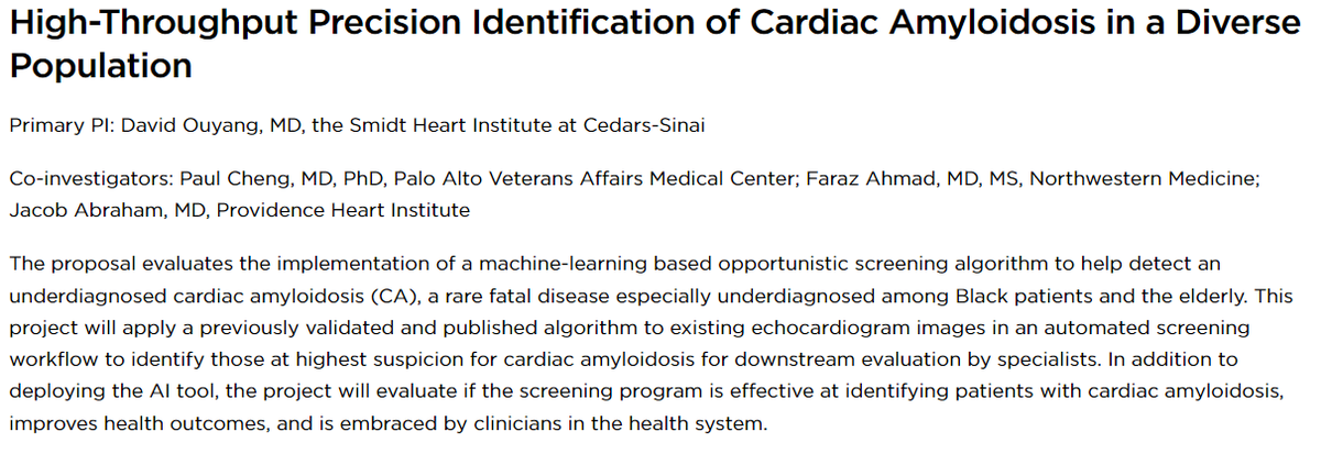 We are thrilled to be funded by the @MooreFound and @KPDOR's AIM-HI initiative to study the deployment of AI to screen for cardiac amyloidosis working with an excellent team of physician scientists across four diverse sites. @Paul_P_Cheng @tygluckman @FarazAhmadMD @SmidtHeart…