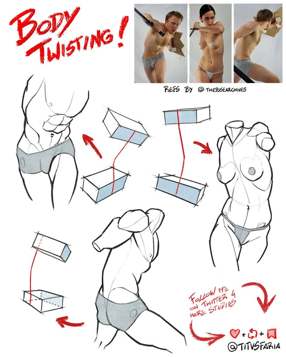 yeyyyy! I'm back! 🫀

Twisting the body is a excelent way to add dinamism to your drawings! In this sketches, I'm trying to show the plane changes between torso and pelvis. 

If u like this kind of study, FOLLOW ME and RT! 

ref poses by <a href="/theposearchives/">The Pose Archives ⚔️</a>