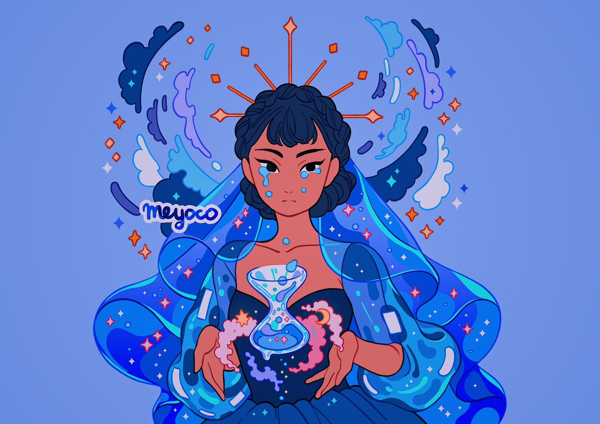 1girl solo artist name simple background sparkle black hair blue background  illustration images