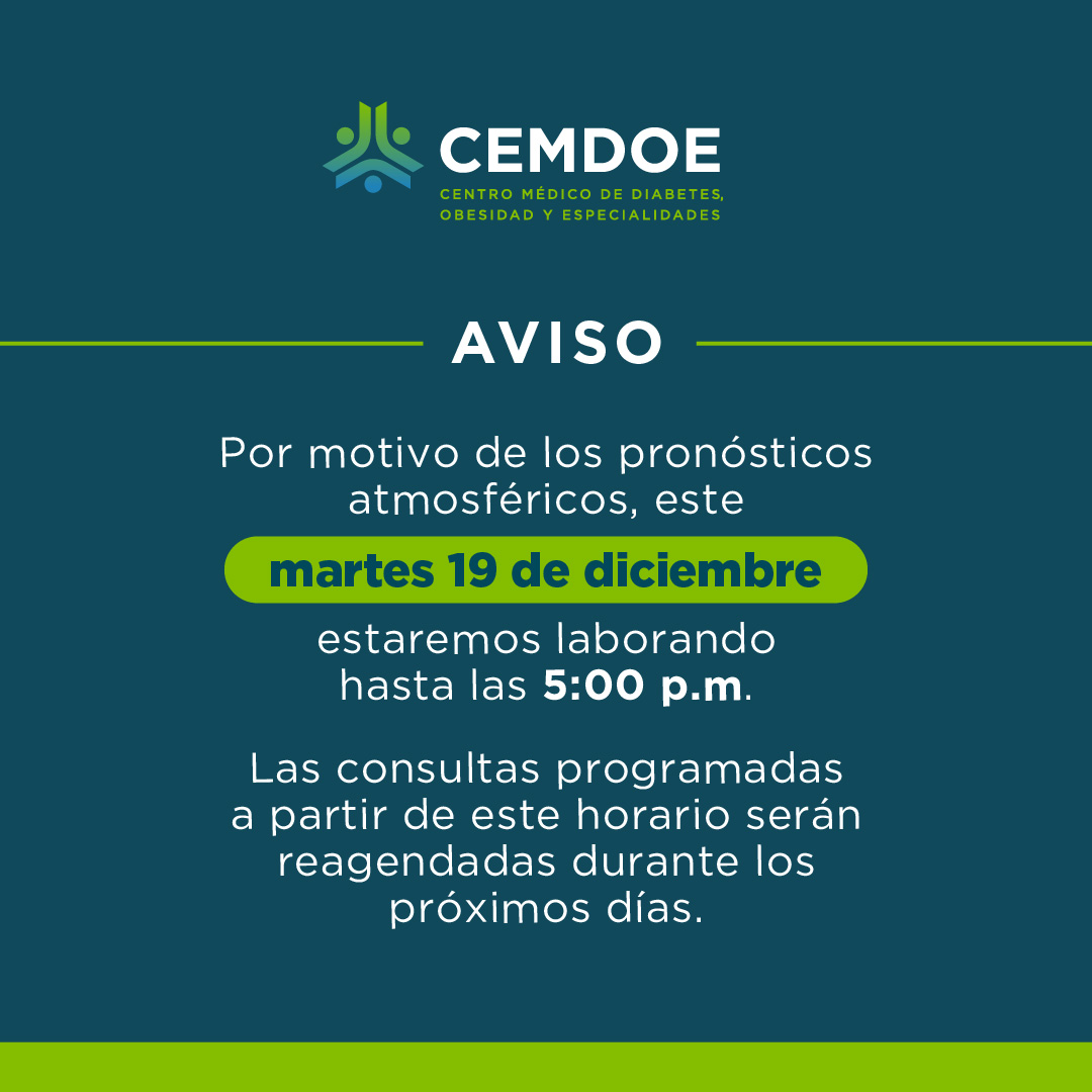 ¡Aviso!

Por motivo de los pronósticos atmosféricos, hoy martes 19 de diciembre estaremos laborando hasta las 5:00 p.m.

Las consultas programadas a partir de este horario serán reagendadas durante los próximos días.

Ofrecemos disculpas ante los inconvenientes causados.
