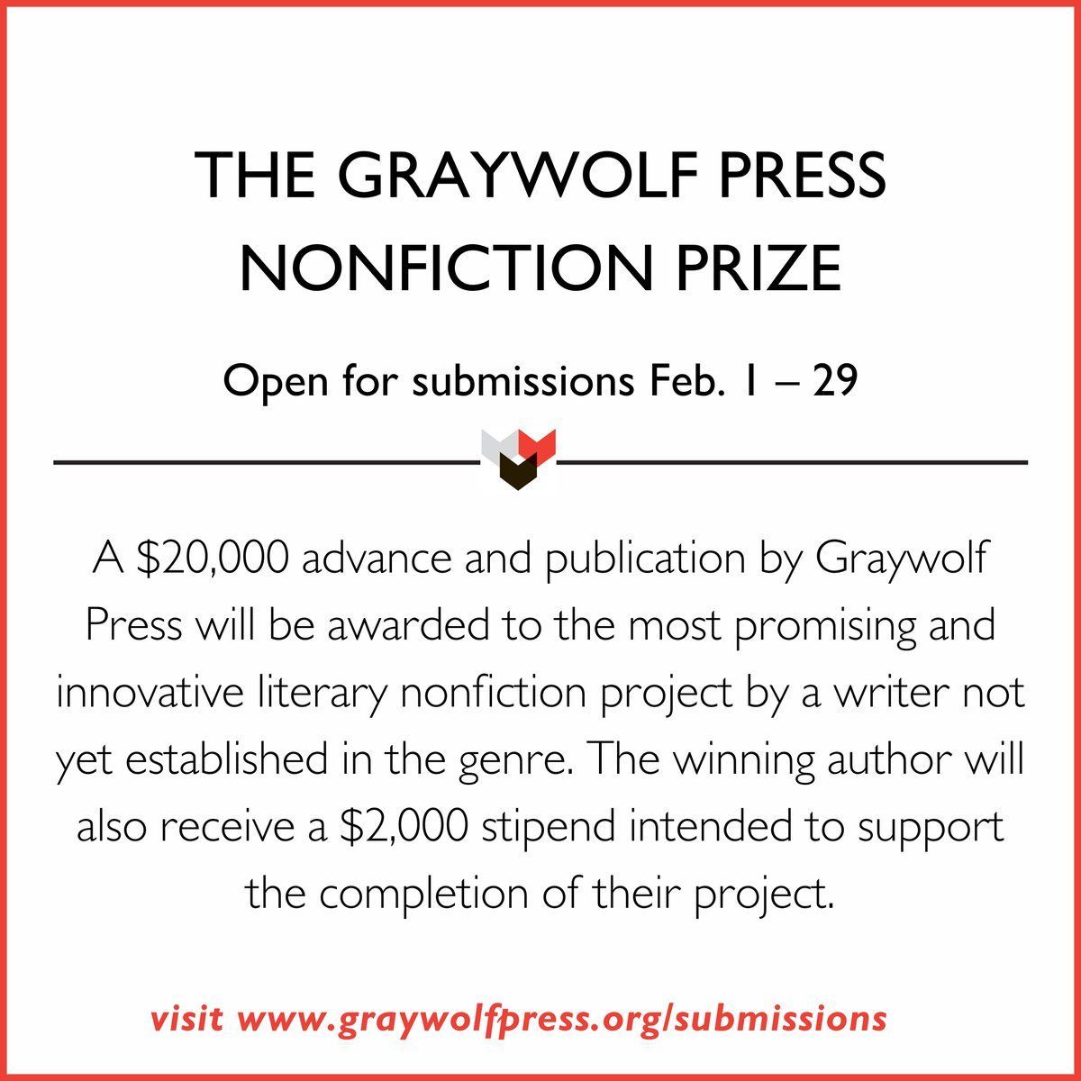 Nonfiction writers: @graywolfpress's Nonfiction Prize will open for submissions in Feb. 2024! Learn more here and get ready to submit: buff.ly/48fI0rM