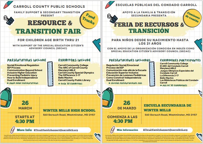 Save the DATE!!  This is going to be good!!
March 26, 2024
Resource and Transition Fair at Winters Mill HS
