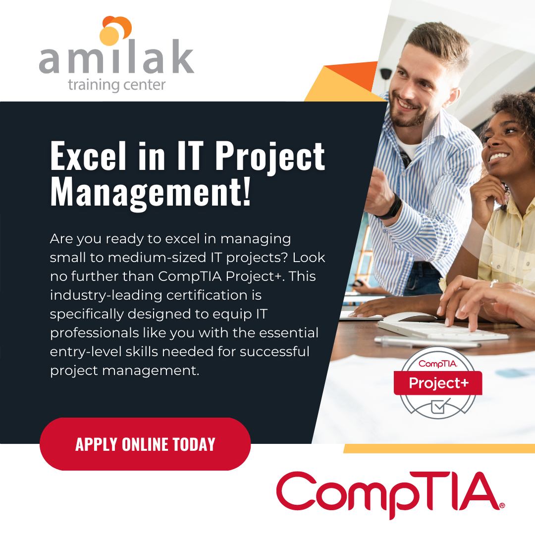 amilaktraining's tweet image. Master IT Project Management with CompTIA Project+! Gain essential skills in project essentials, constraints, communication, and change management. Choose in-person or online training at bit.ly/3ue9wnJ. Elevate your IT career now! #CompTIAProjectPlus #ITCertification 🚀