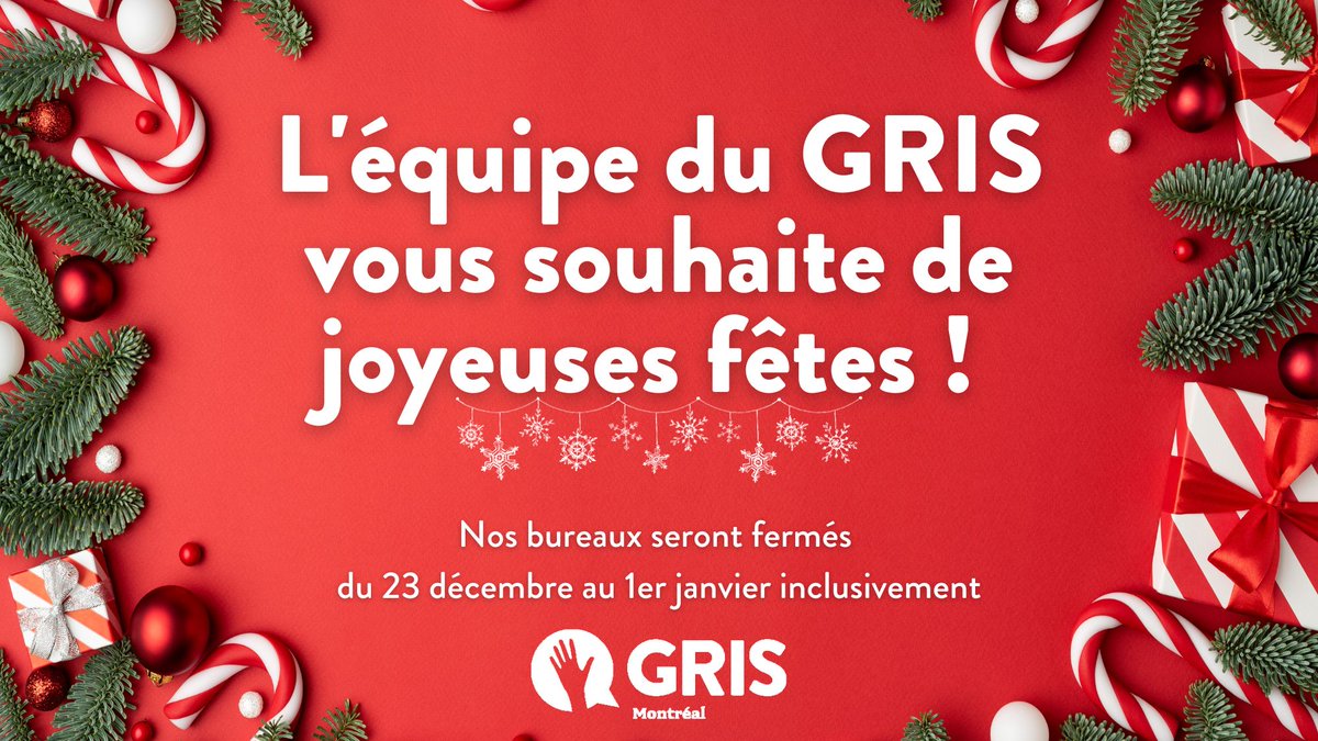 🎄L'équipe du GRIS-Montréal vous souhaite plein de douceurs durant le temps des fêtes ! Nos bureaux seront fermés à partir du 23 décembre et nous serons de retour le 2 janvier.
👋Si durant cette période vous êtes à la recherche de ressources, @interligne_  est là pour vous.