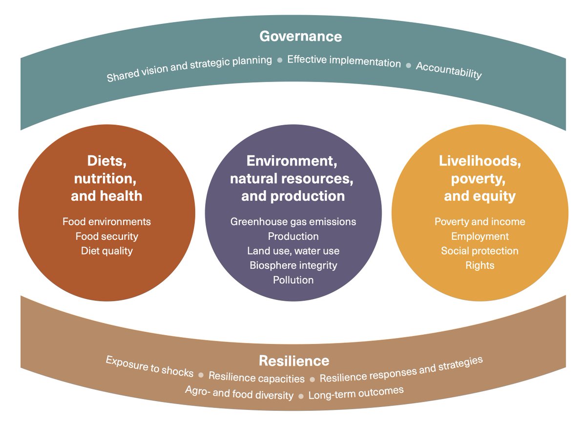 I really like this framework for holistically tracking food system performance. Food systems must: • Provide healthy, affordable diets • Protect the environment • Sustain livelihoods equitably • Be resilient to shocks • Have effective governance fao.org/documents/card…