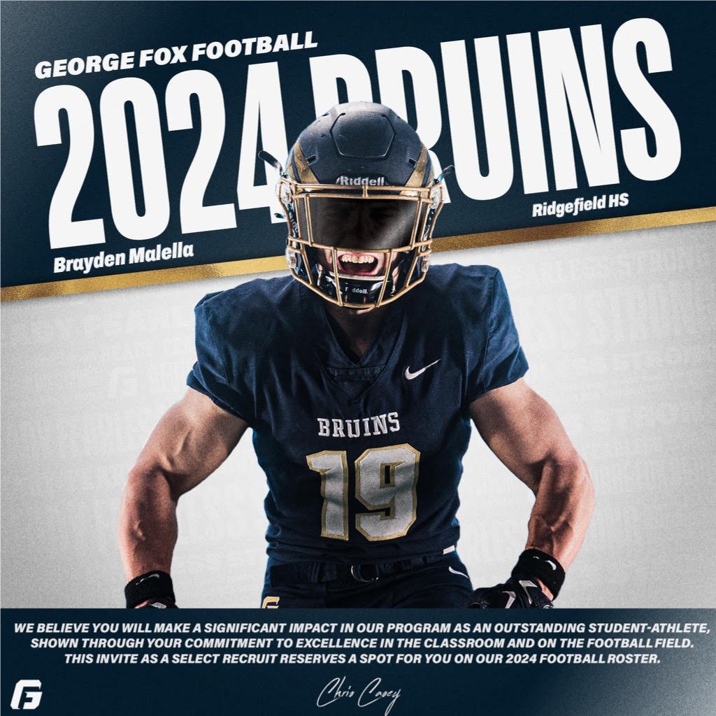 Brayden Malella (@_braydenmalella) on Twitter photo After a great talk with @GFUCoachThomas , I am excited to announce that I have received an offer to play football at George Fox University! Go Bruins!
<a href="/RHSSpudderFB/">Ridgefield Football</a> <a href="/GFUFootball/">GFU Bruin Football</a> After a great talk with @GFUCoachThomas , I am excited to announce that I have received an offer to play football at George Fox University! Go Bruins!
<a href="/RHSSpudderFB/">Ridgefield Football</a> <a href="/GFUFootball/">GFU Bruin Football</a>