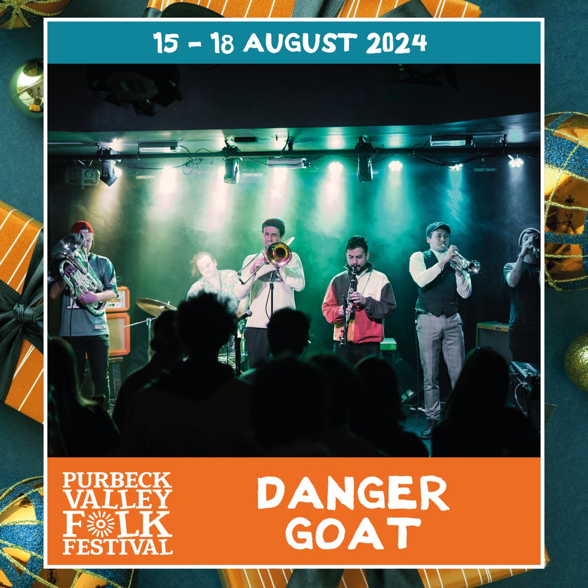 Purbeck Advent Calendar Day 19 It's Danger Goat! 📷📷📷📷 YES - Danger Goat are returning to Purbeck! Truly genre-defying, hi-energy, brass party band. You won't know what you've heard, but you'll love it! #pvff24