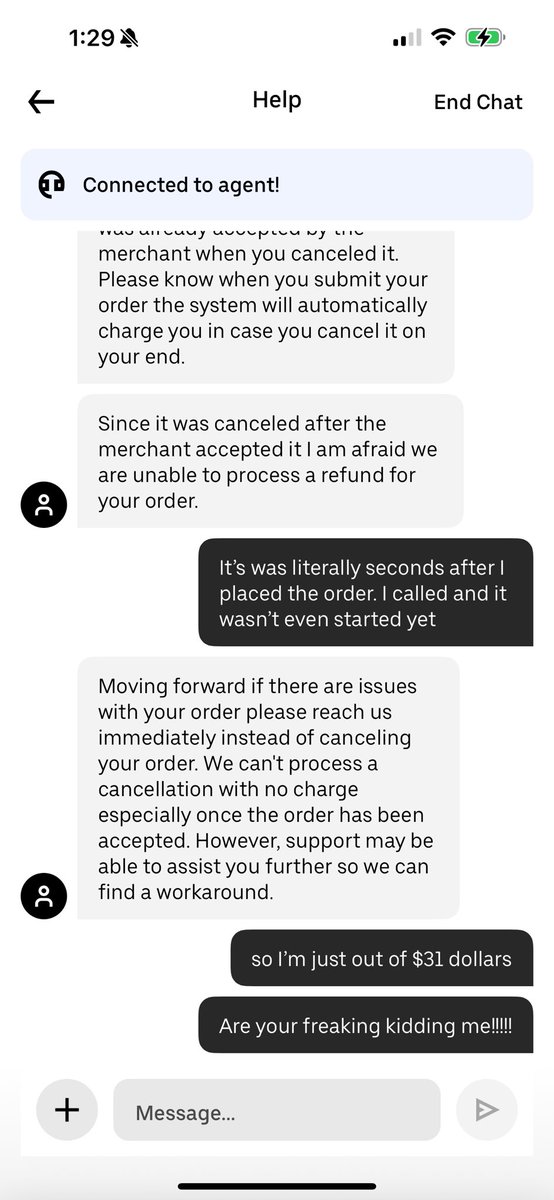 PapiDave2x's tweet image. I placed an order with @UberEats  and I mistakenly typed in the wrong address and I contacted customer service to cancel the order.  They basically said fuck me and no we can’t help you!! wtf type of service is this!!
