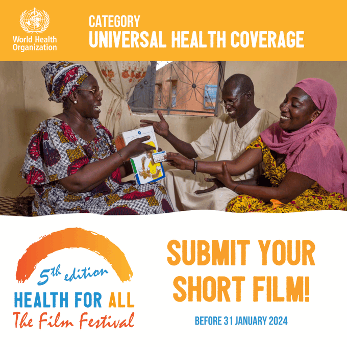 Are you a filmmaker, student, advocate or champion for public health? 
Tell your story <a href="/WHO/">World Health Organization (WHO)</a>'s 5th Health For All Film Festival .
Submit your original short films on #UHC &amp; health by 31 January 2024.
#Film4Health
ℹ️ More info: who.int/film-festival

<a href="/WHONigeria/">WHO Nigeria</a> 
<a href="/Fmohnigeria/">Federal Ministry of Health, NIGERIA</a>
