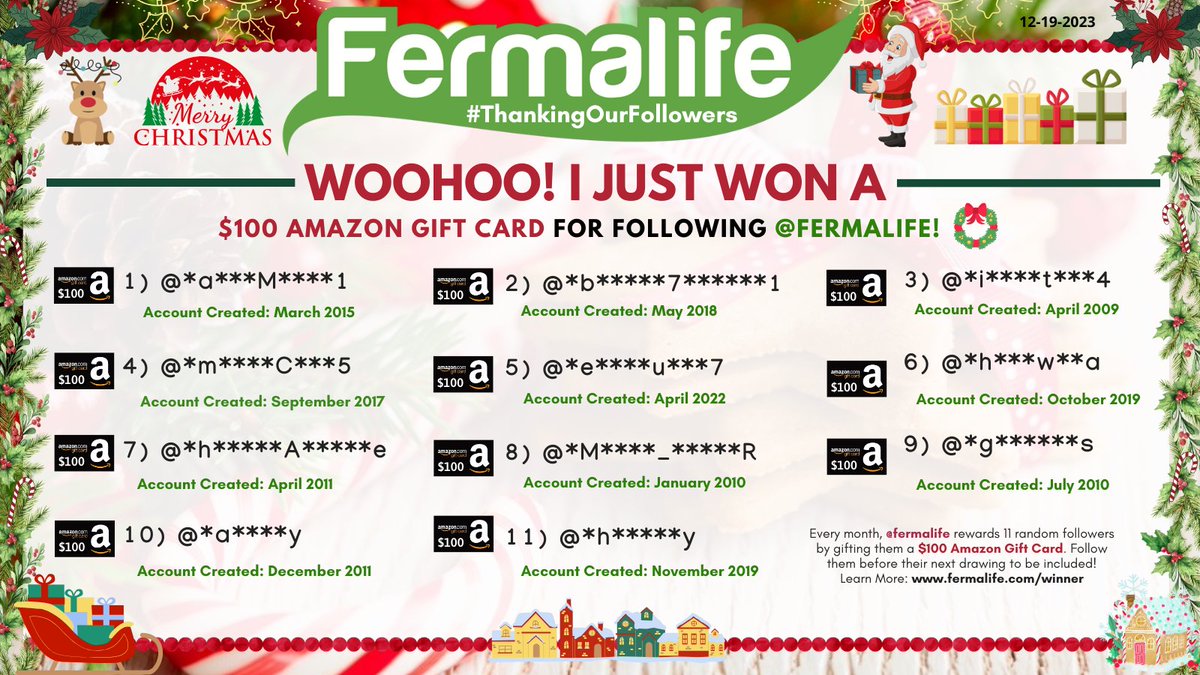 WOOOHOO! I JUST WON A $100 #AmazonGiftCard from @fermalife for their #ThankingOurFollowers drawing by following them. Every month they give 11 random followers a $100 Amazon Gift Card! Follow them to #win! Details: fermalife.com/winner