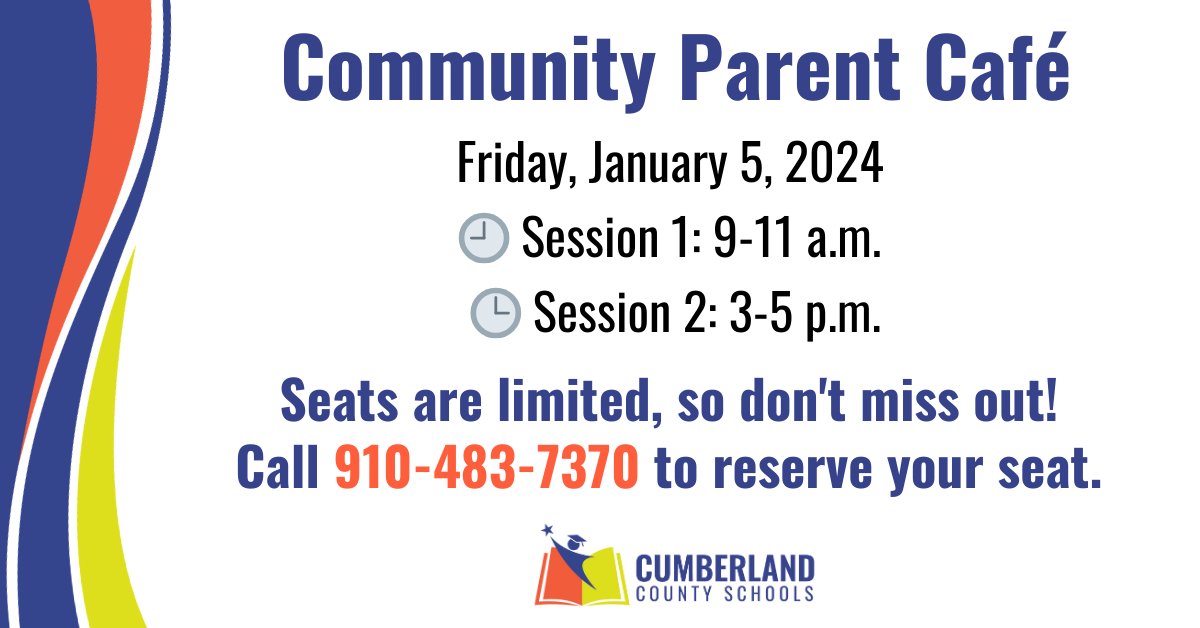 Join us at the Community Parent Café on Friday, January 5, 2024! 🤝 Connect with other parents and caregivers in a safe space. Two sessions available: 9-11 a.m. or 3-5 p.m. Topics: Relationships & Parenting Knowledge Seats are limited, so call 910-483-7370 to reserve yours.